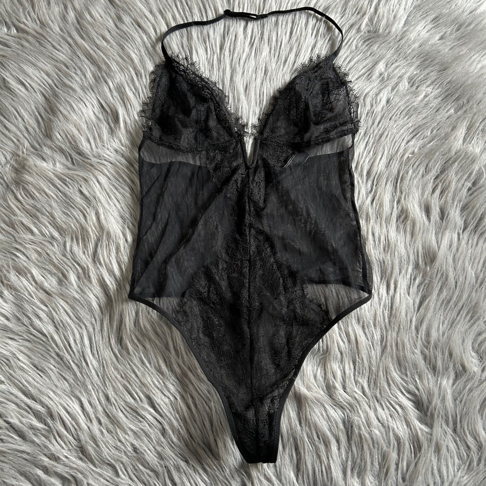 Victoria's Secret Sheer Mesh Thong Bodysuit‎ Womens Size Small Black Halter Neck